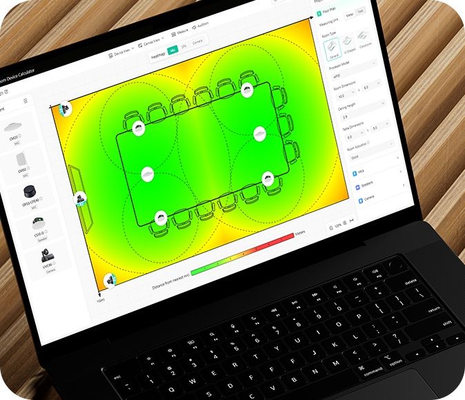 Интерфейс калькулятора: Веб инструмент Yealink Room Device Calculator автоматическая генерация планов расположения оборудования в помещении