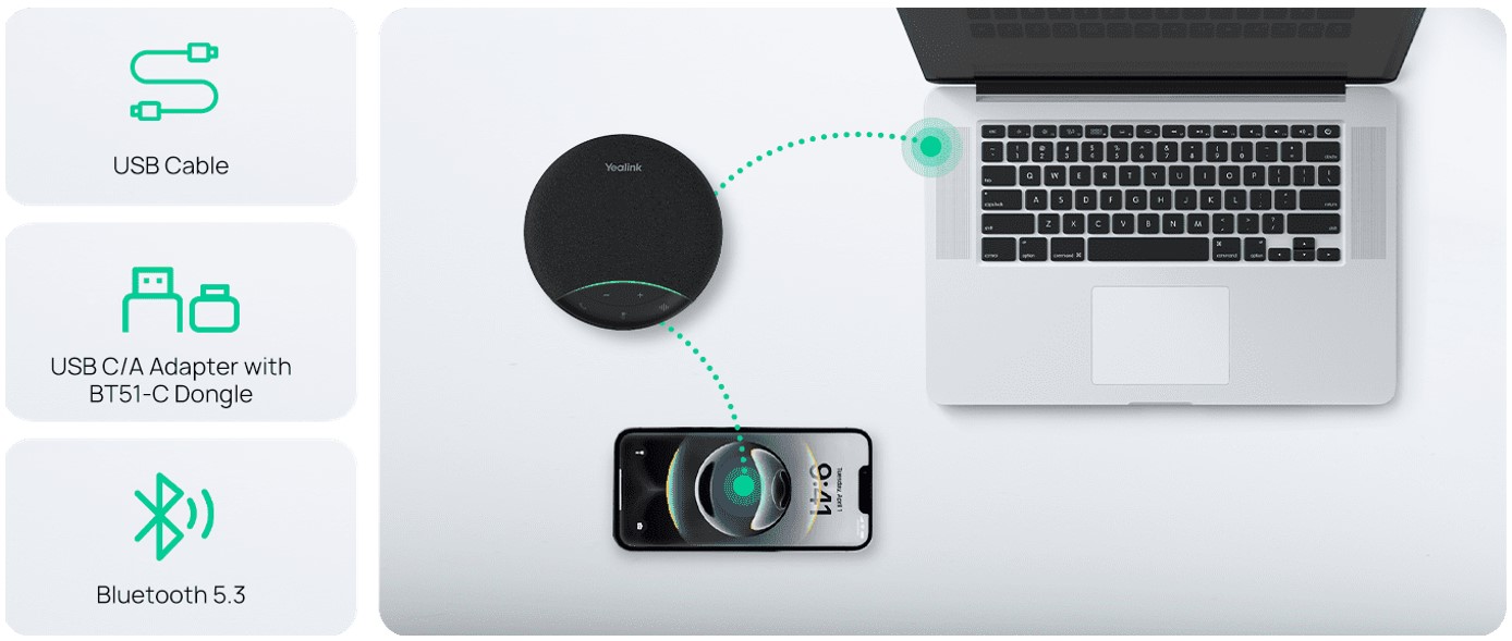 Подключение: Yealink SP92 подключение через USB Bluetooth или адаптер BT51 C Plug and Play