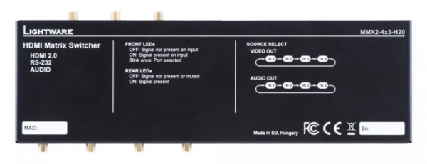 91310078, Lightware, MMX2-4x3-H20, Коммутатор 4х3 HDMI 2.0 с разъемом для аудио, входом датчика прис