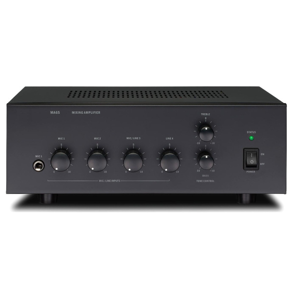 MA65, Biamp, Компактный мультизонный микшерный усилитель 100 В / 65 Вт, 3 микрофонных + 2 линейных входа, звуковой сигнал, 2 уровня приоритета, питание от сети 24 В пост. тока  /230 В, черный (912.1640.900)